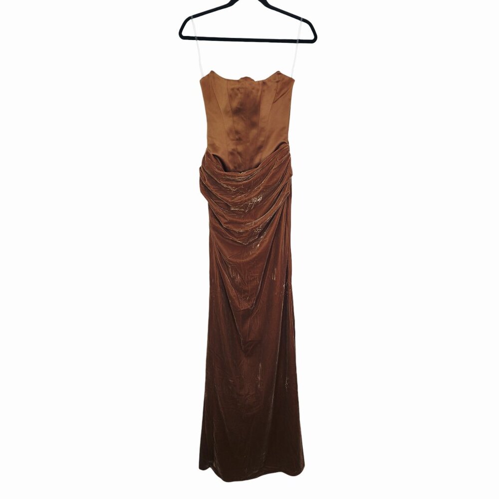 House of CB Persephone Maxi Dress Coffee Velvet Strapless Corset Size XS - Picture 4 of 13